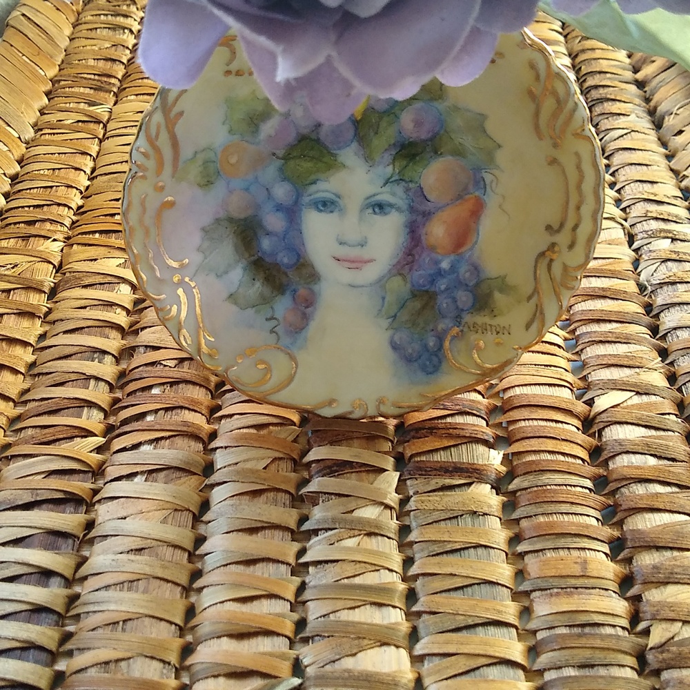 Vintage trinket catcher plate hand painted girl with fruit